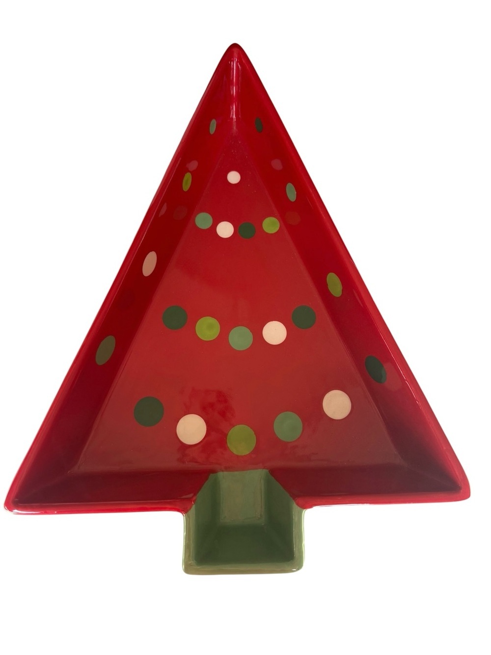 TAG Christmas Tree Serving Platter Red Green Polka Dot Ceramic 15 Inch Holiday